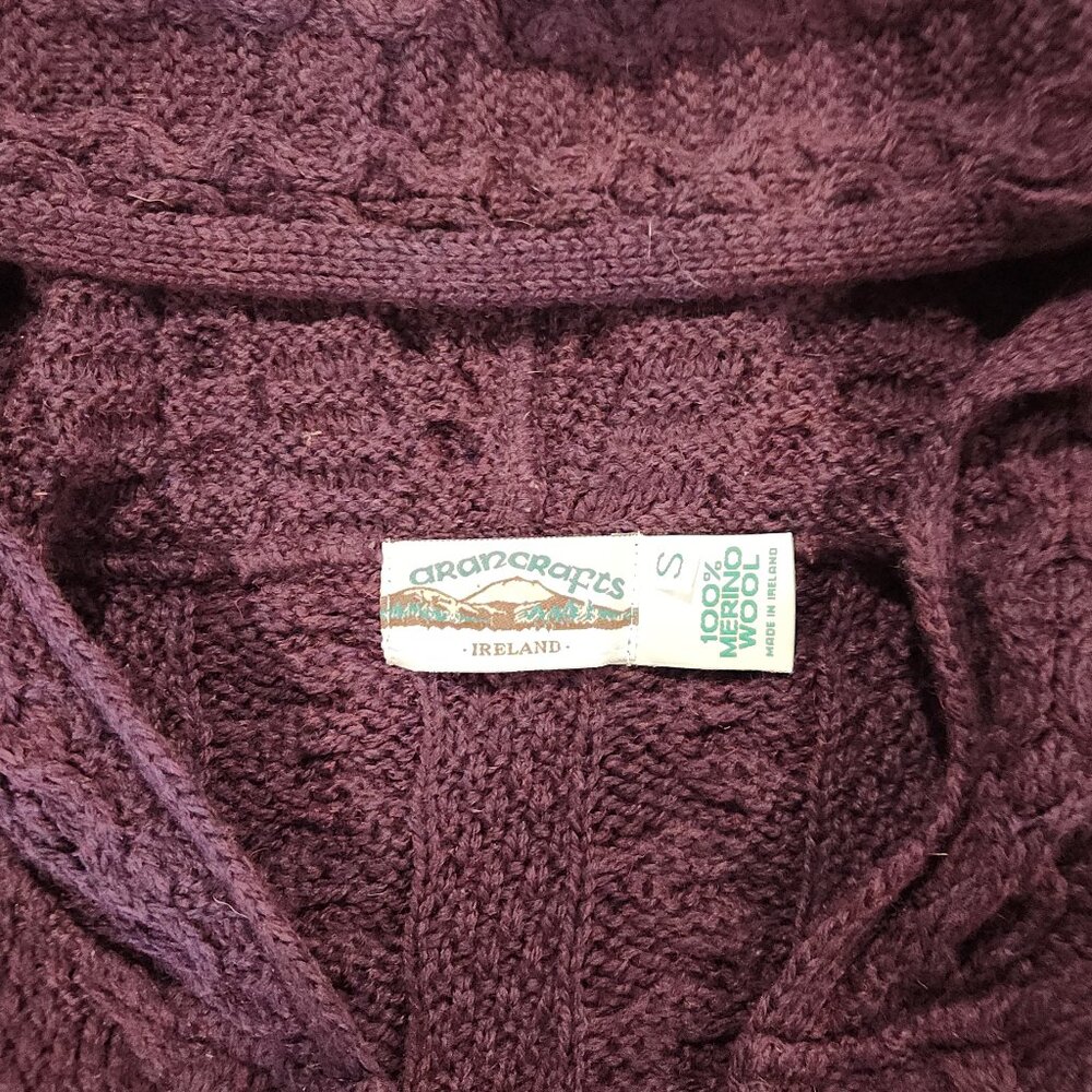 Hooded Cardigan Aran Crafts Wine Cable Knit Merino Wool 2way Zip Sweater S - Picture 4 of 11